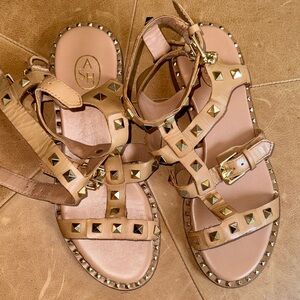 Ash Tan Leather Studded Gladiator Sandals with Gold Hardware